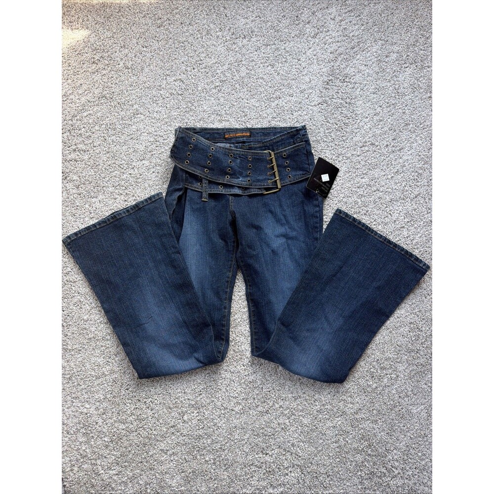 Vtg Access Jeans Y2K Wide Belt Grommet Denim Pants Cyber McBling AC-3998 Sz 7